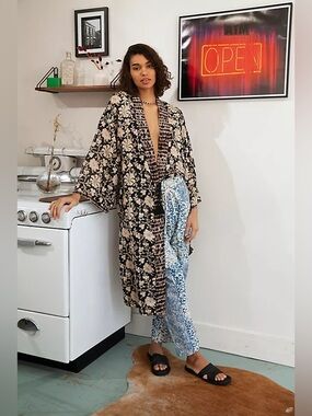 Free People Rumi Reversible Kimono Boho Long Kimono Cardigan Brown Cream Duster